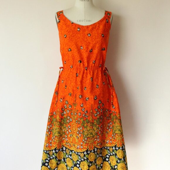 Vintage 1970s 1980s Dress with Pockets, Orange and Black Floral Print Sundress, - Picture 2 of 10